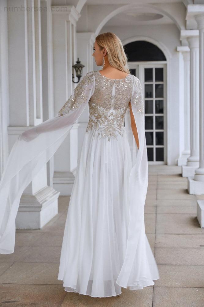 Ladies Chiffon Embroidery Wide Sleeve Floor Length Bridesmaid Evening Dress Prom Wedding Party Evening Dress 28118