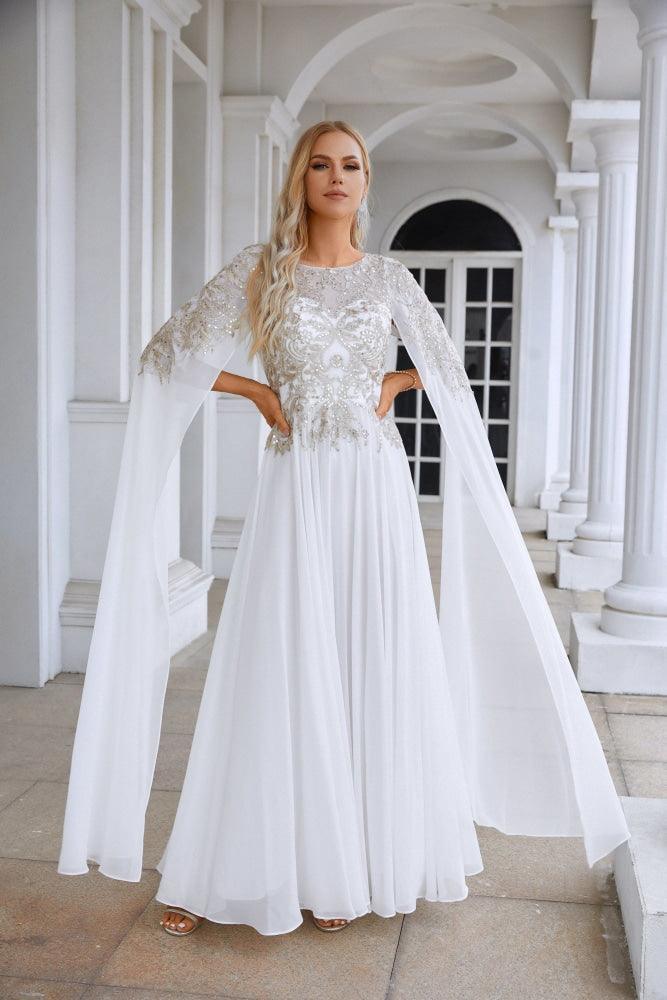 Ladies Chiffon Embroidery Wide Sleeve Floor Length Bridesmaid Evening Dress Prom Wedding Party Evening Dress 28118