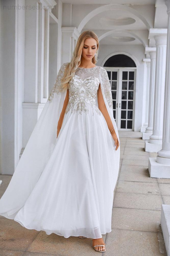 Ladies Chiffon Embroidery Wide Sleeve Floor Length Bridesmaid Evening Dress Prom Wedding Party Evening Dress 28118