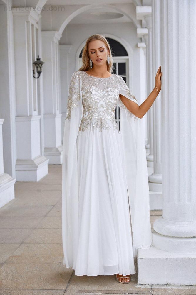 Ladies Chiffon Embroidery Wide Sleeve Floor Length Bridesmaid Evening Dress Prom Wedding Party Evening Dress 28118