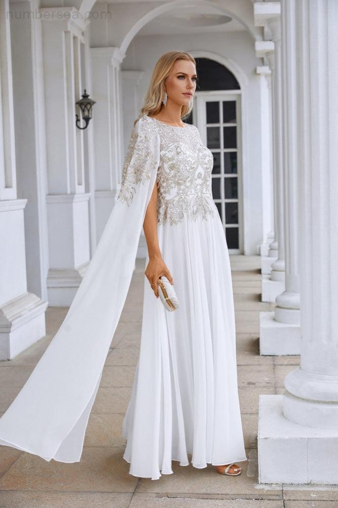 Ladies Chiffon Embroidery Wide Sleeve Floor Length Bridesmaid Evening Dress Prom Wedding Party Evening Dress 28118