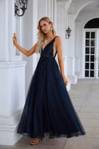Women's Chiffon V Neck Tulle Embroidery Floor Mop Bridesmaid Evening Dress Prom Wedding Party Evening Dress 28128