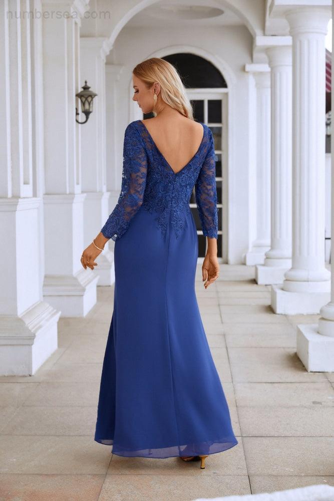 Women's Chiffon V Neck Embroidery Long Sleeve Front Slit Bridesmaid Dresses Wedding Party Prom Evening Dress 28130
