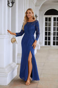 Women's Chiffon V Neck Embroidery Long Sleeve Front Slit Bridesmaid Dresses Wedding Party Prom Evening Dress 28130