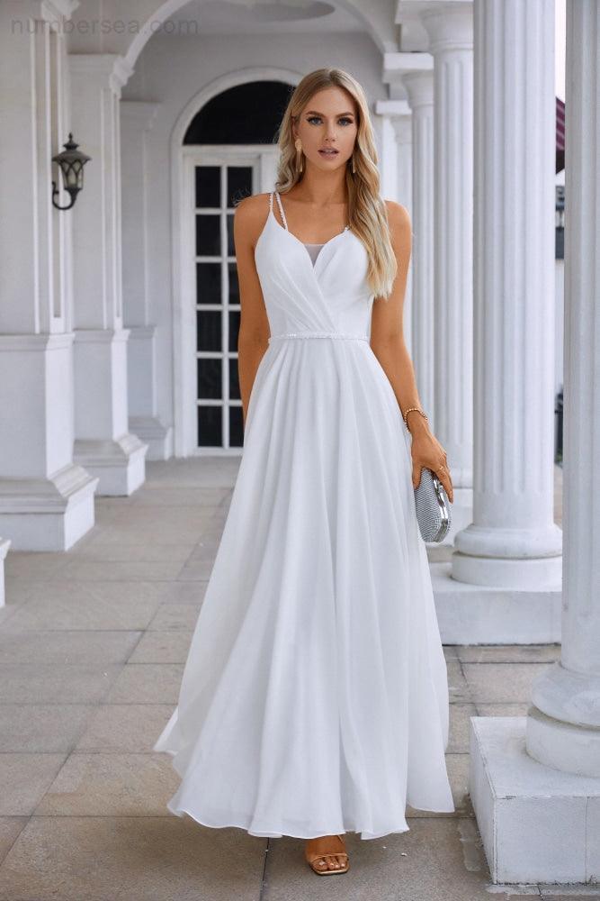 Ladies Spaghetti Strap Belt Chiffon Bridesmaid Evening Dress Prom Wedding Party Evening Dress 28134