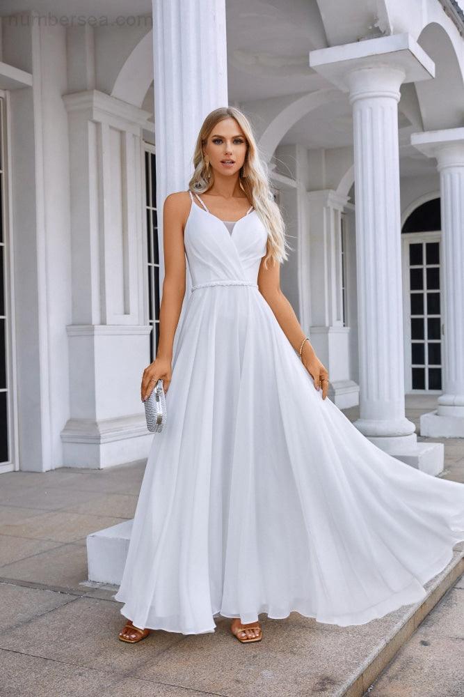 Ladies Spaghetti Strap Belt Chiffon Bridesmaid Evening Dress Prom Wedding Party Evening Dress 28134