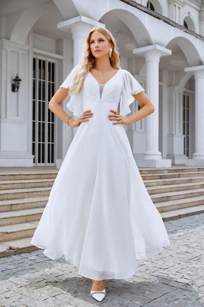 Ladies V Neck Ruffle Sleeves Chiffon Bridesmaid Evening Dress Beach Wedding Party Evening Dress 28097