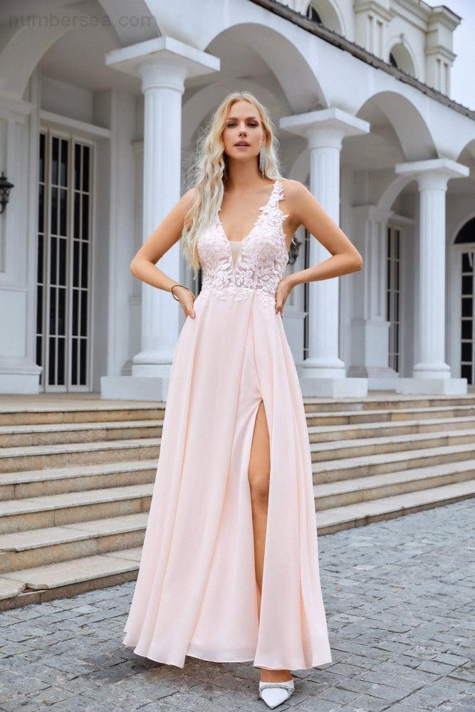 Baoleely Ladies V Neck Front Slit Lace Spaghetti Strap Chiffon Bridesmaid Dress Party Wedding Evening Dress 28088