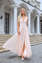 Baoleely Ladies V Neck Front Slit Lace Spaghetti Strap Chiffon Bridesmaid Dress Party Wedding Evening Dress 28088