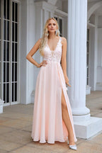 Baoleely Ladies V Neck Front Slit Lace Spaghetti Strap Chiffon Bridesmaid Dress Party Wedding Evening Dress 28088