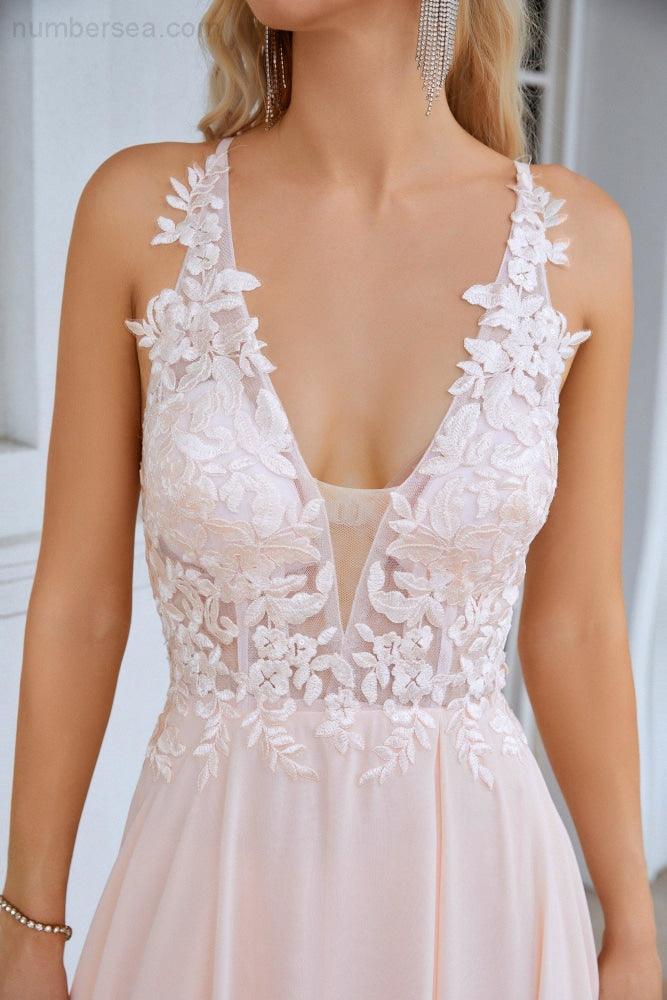 Baoleely Ladies V Neck Front Slit Lace Spaghetti Strap Chiffon Bridesmaid Dress Party Wedding Evening Dress 28088