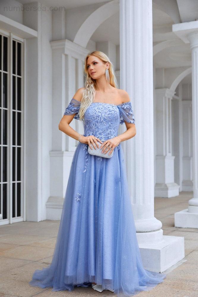 Ladies Tulle Off Shoulder Embroidery Floor Length Bridesmaid Dress Party Wedding Evening Dress 28091