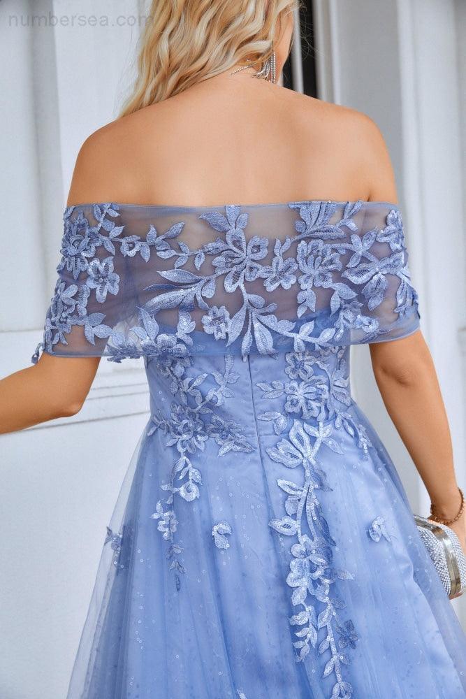 Ladies Tulle Off Shoulder Embroidery Floor Length Bridesmaid Dress Party Wedding Evening Dress 28091