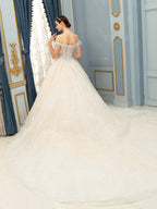 Ball Gown Wedding Dresses Beaded Luxurious Off Shoulder Floor Length Short Sleeve