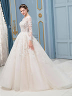 A-line Tulle Lace Applique Beaded Wedding Dresses Long Sleeveless Floor Length