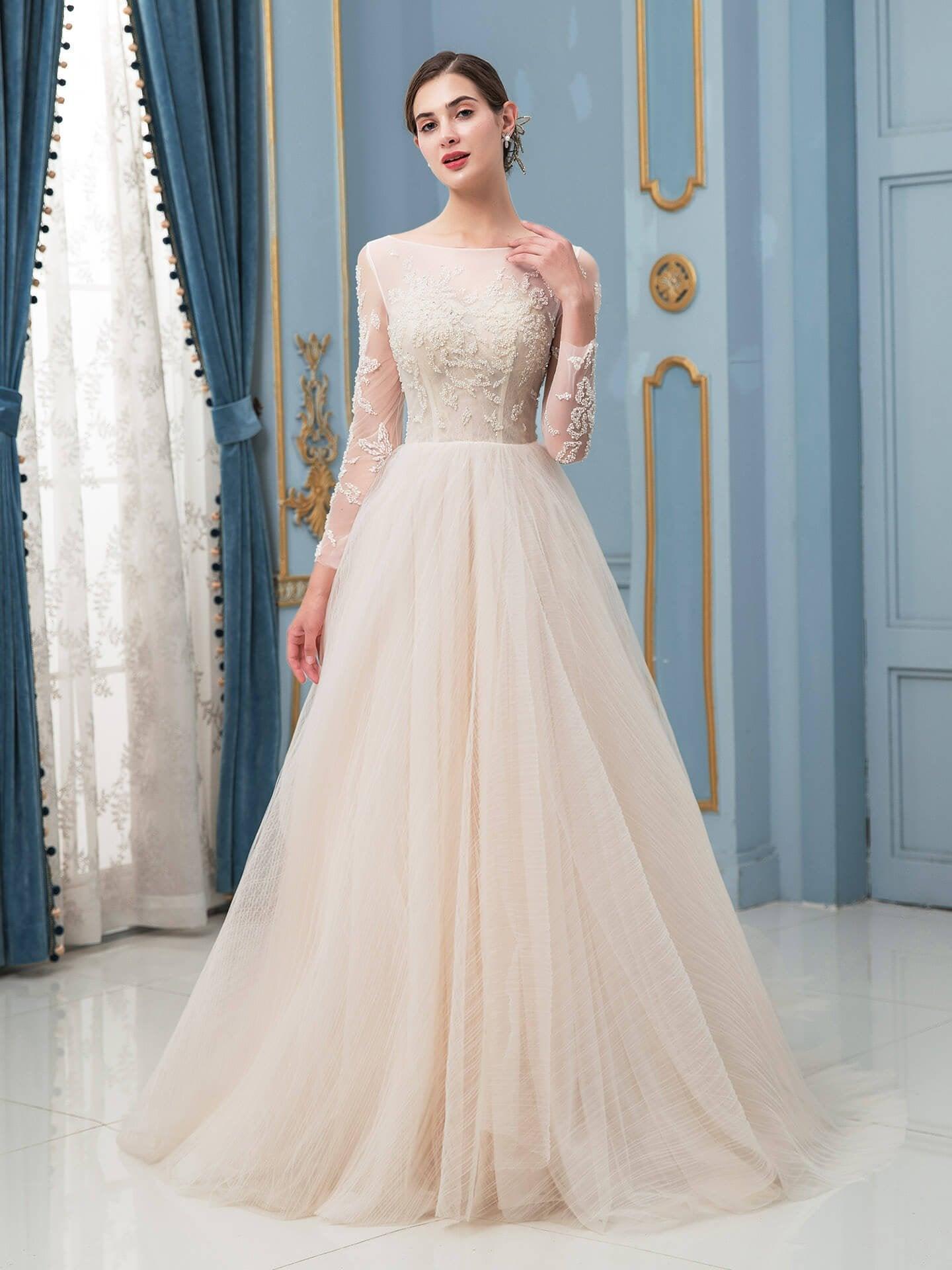 A-line Tulle Beaded Wedding Dresses Long Sleeve Floor Length With Long Train