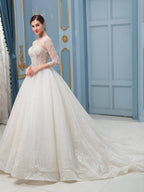 Numbersea A-line Lace Beaded Wedding Dresses Long Sleeve Floor Length With Long Train