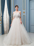 A-line Tulle Beaded Wedding Dresses Sleeveless Floor Length With Long Train