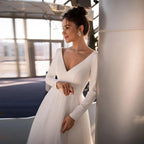 Wedding Dress Elegant Long Sleeves V Neck Beading Belt Bridal Gown A Line Short Wedding Dresses