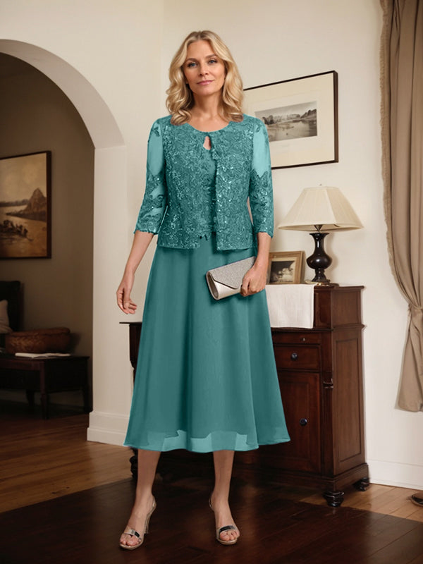 A-line Scoop Tea-Length Lace Chiffon Mother of the Bride Dress With Sequins