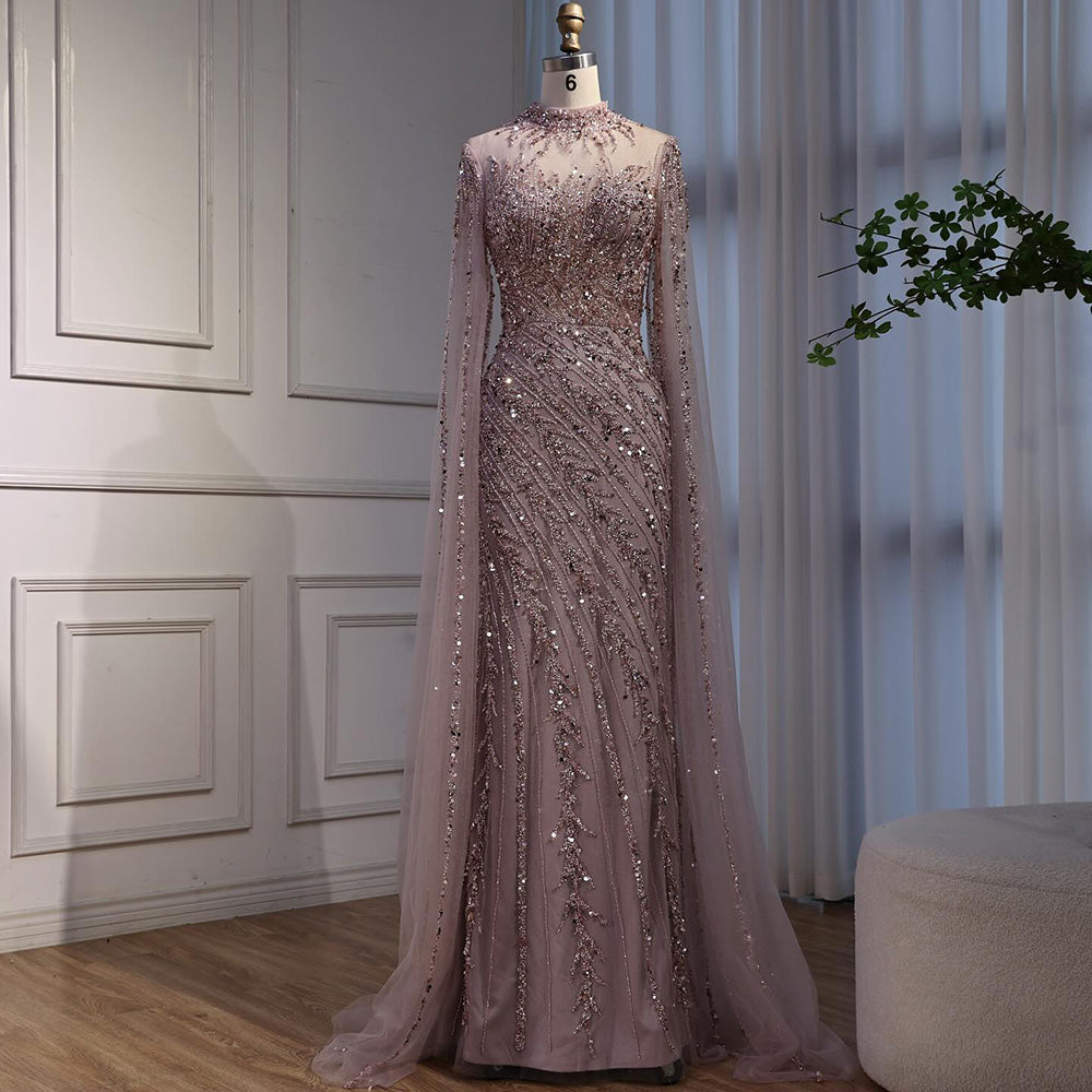 Luxury Nude Mermaid Evening Dress with Cape Sleeves