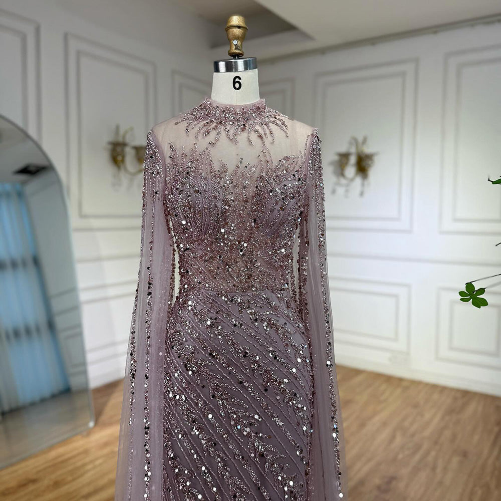 Luxury Nude Mermaid Evening Dress with Cape Sleeves