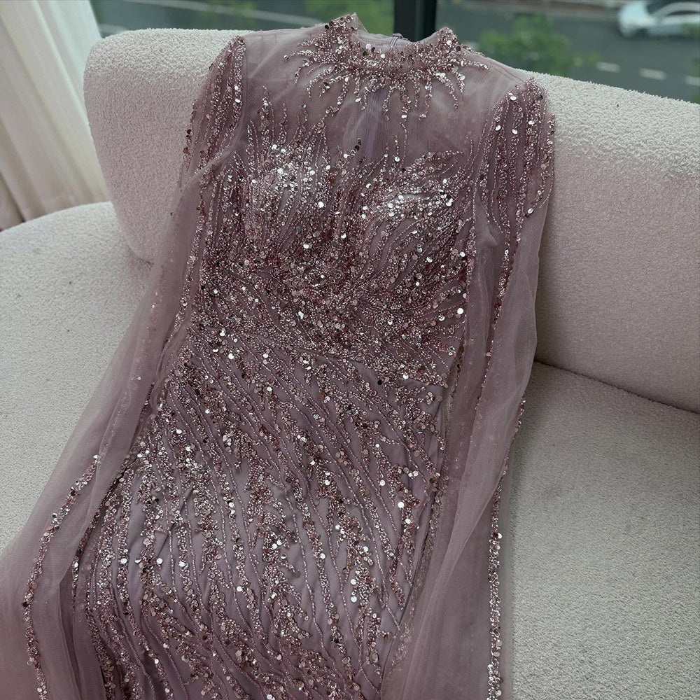 Luxury Nude Mermaid Evening Dress with Cape Sleeves