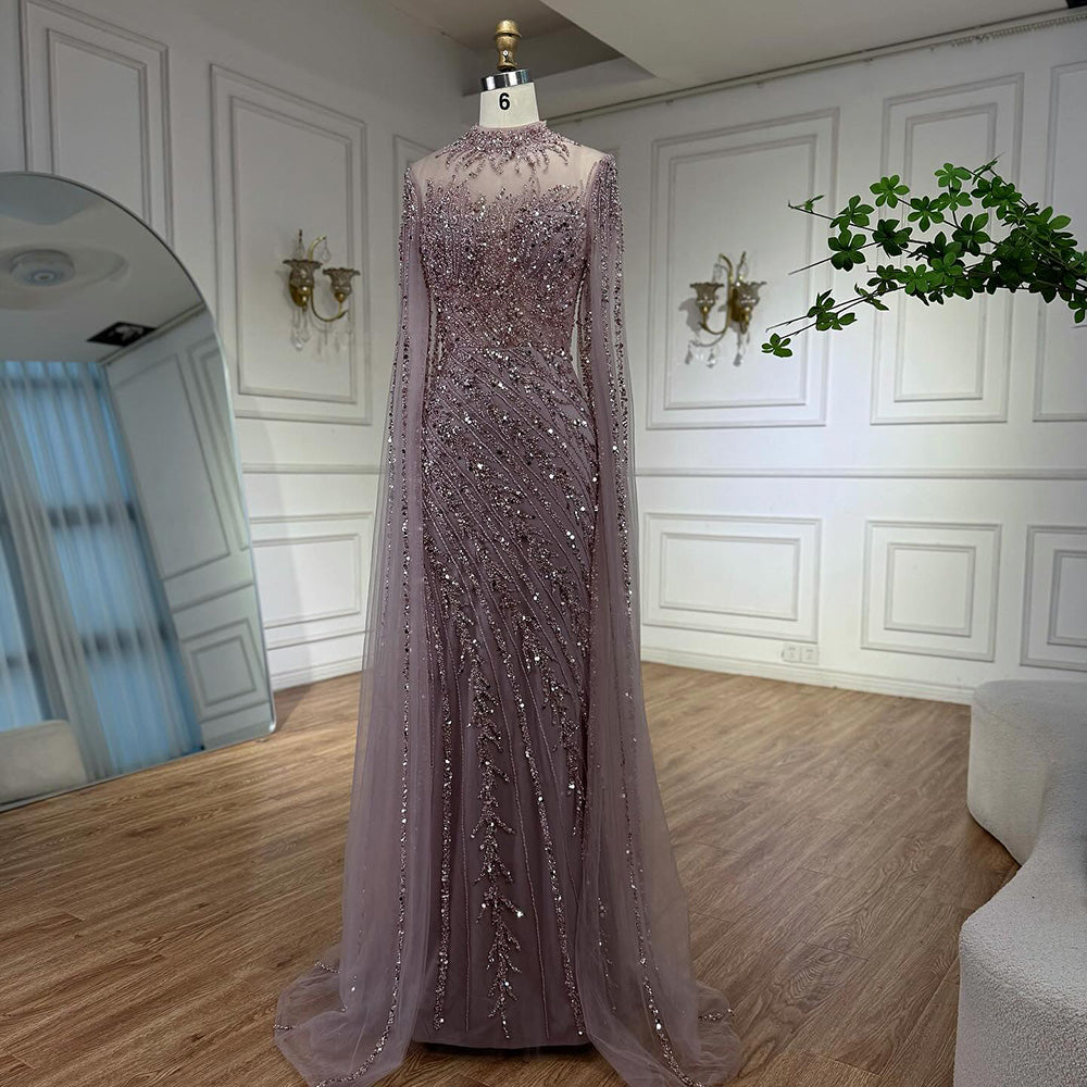 Luxury Nude Mermaid Evening Dress with Cape Sleeves