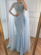 Luxury Nude Mermaid Evening Dress with Cape Sleeves
