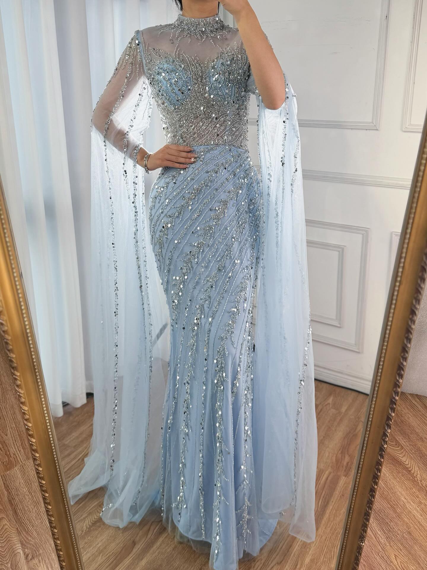 Luxury Nude Mermaid Evening Dress with Cape Sleeves