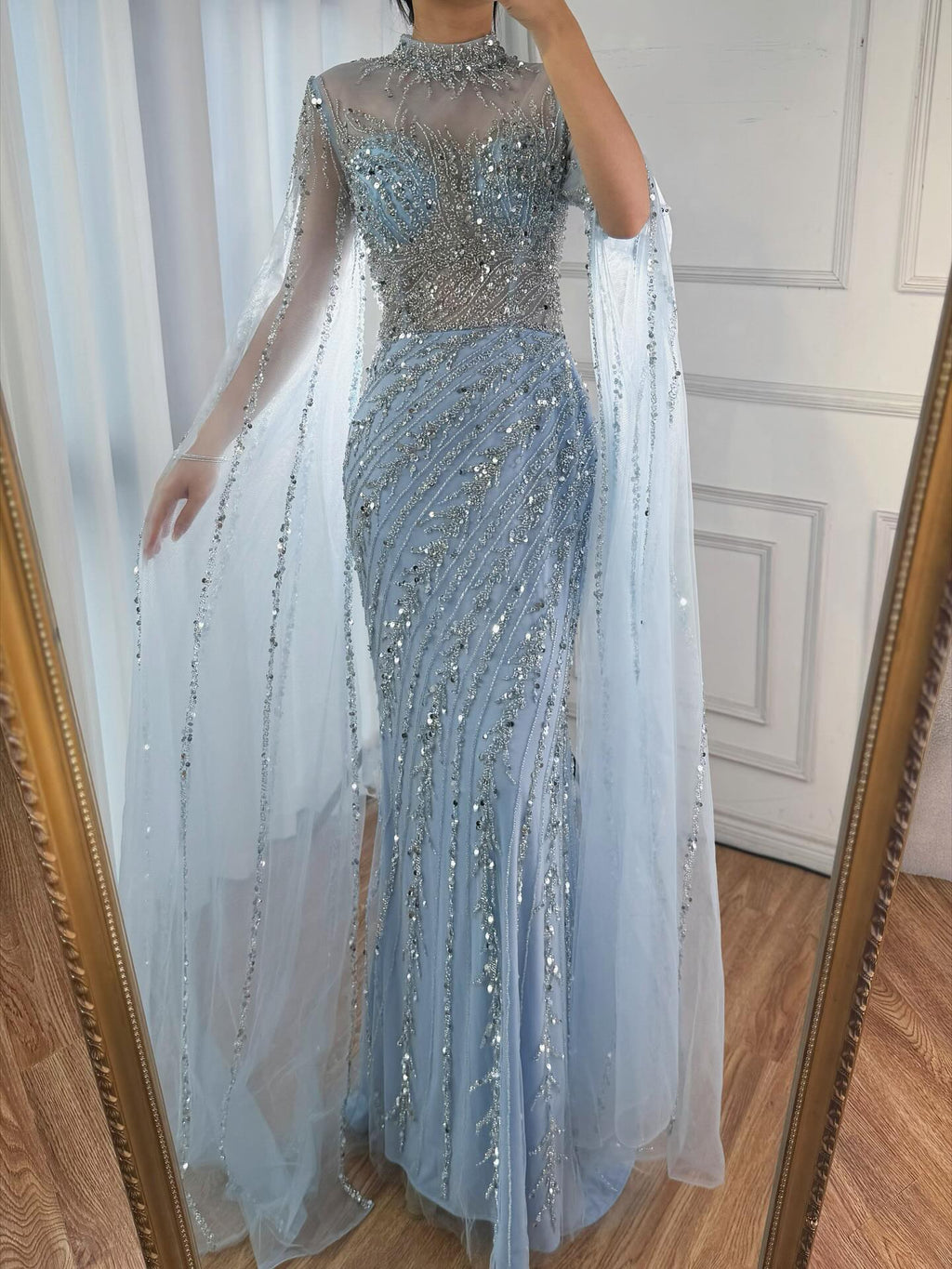 Luxury Nude Mermaid Evening Dress with Cape Sleeves