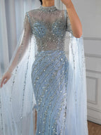 Luxury Nude Mermaid Evening Dress with Cape Sleeves