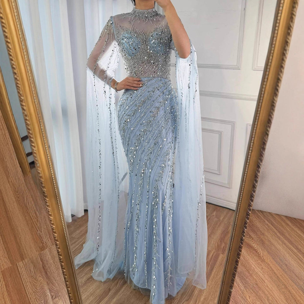 Luxury Nude Mermaid Evening Dress with Cape Sleeves
