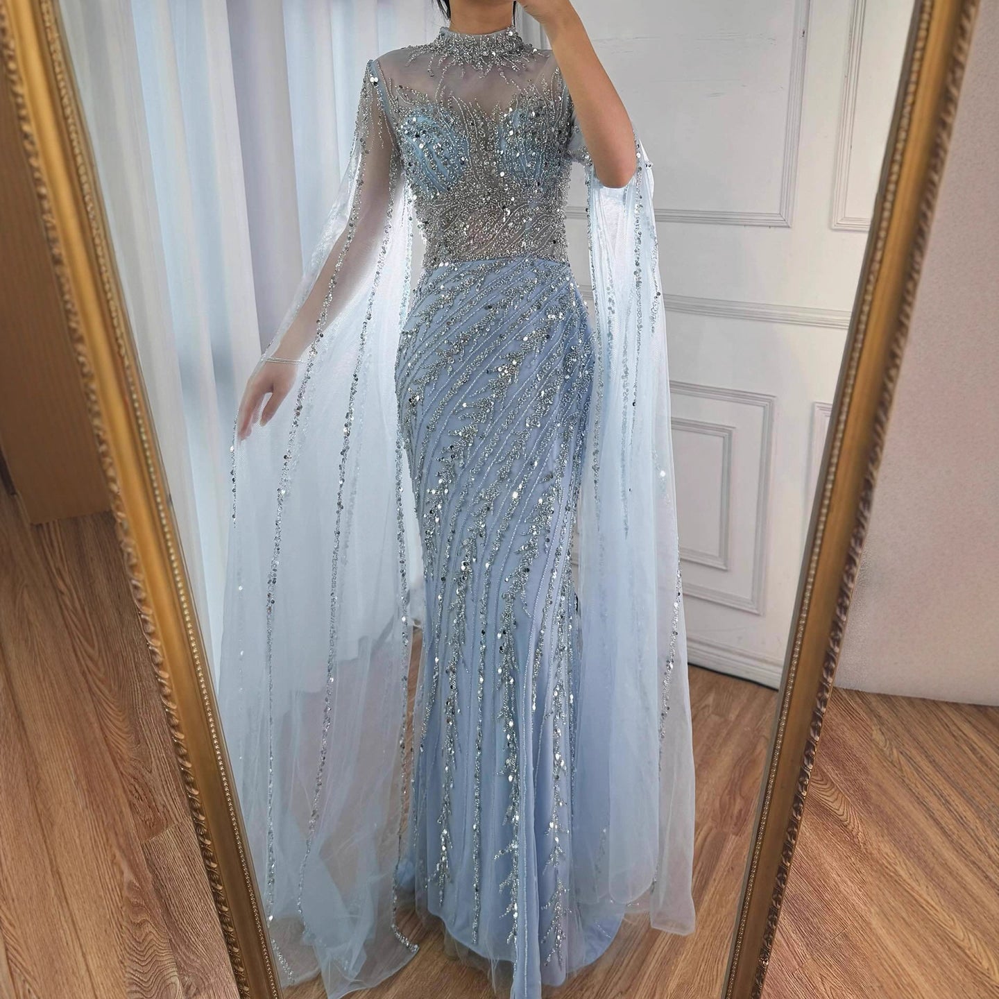 Luxury Nude Mermaid Evening Dress with Cape Sleeves