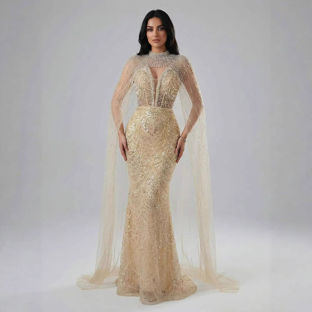 Luxury Evening Dress Nude Pearls Beaded Gown With Tulle Train