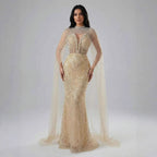 Luxury Evening Dress Nude Pearls Beaded Gown With Tulle Train