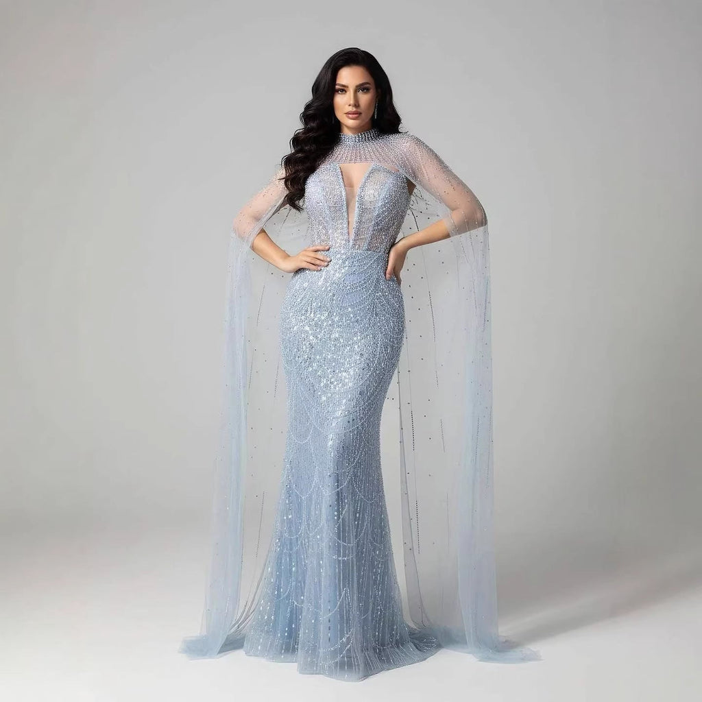Luxury Evening Dress Nude Pearls Beaded Gown With Tulle Train