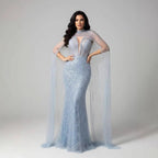 Luxury Evening Dress Nude Pearls Beaded Gown With Tulle Train