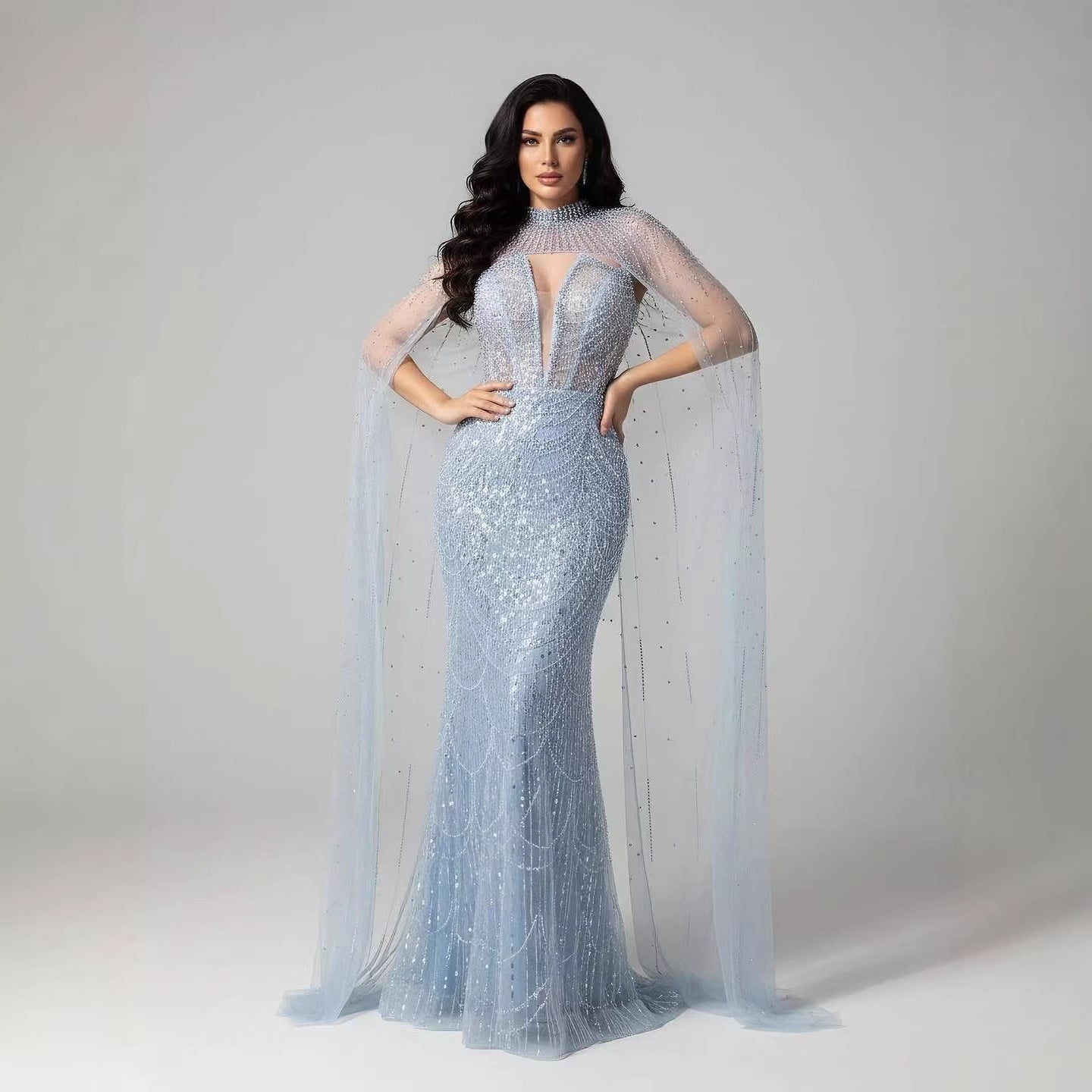 Luxury Evening Dress Nude Pearls Beaded Gown With Tulle Train