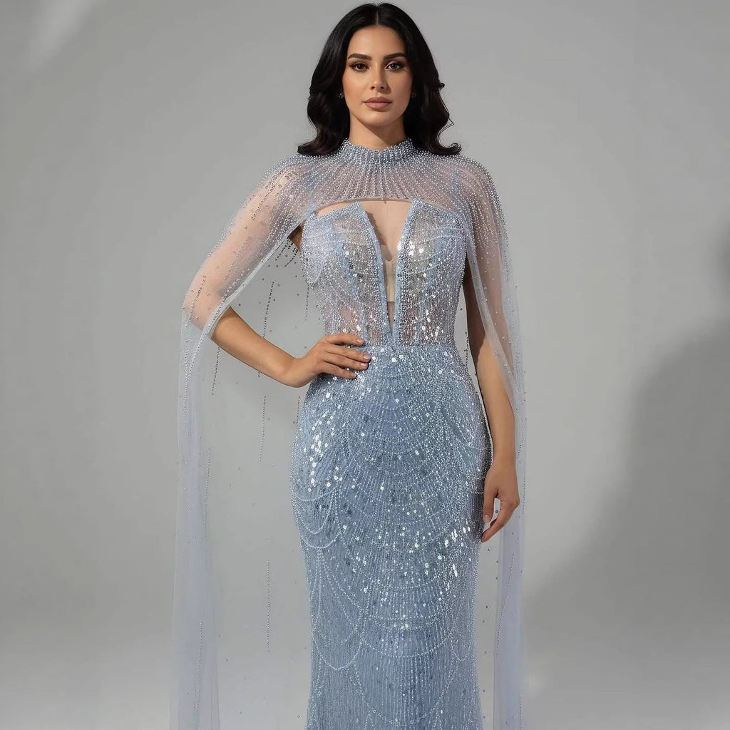 Luxury Evening Dress Nude Pearls Beaded Gown With Tulle Train
