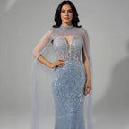 Luxury Evening Dress Nude Pearls Beaded Gown With Tulle Train