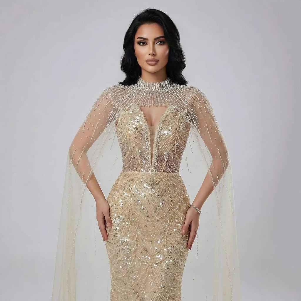 Luxury Evening Dress Nude Pearls Beaded Gown With Tulle Train
