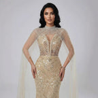 Luxury Evening Dress Nude Pearls Beaded Gown With Tulle Train