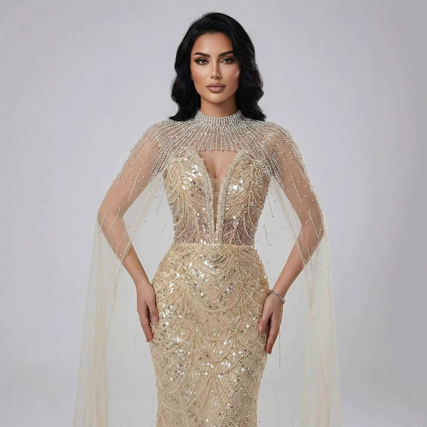 Luxury Evening Dress Nude Pearls Beaded Gown With Tulle Train
