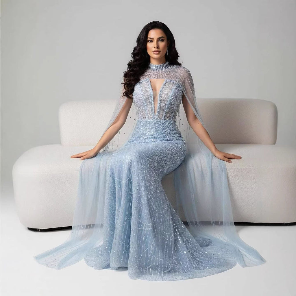 Luxury Evening Dress Nude Pearls Beaded Gown With Tulle Train