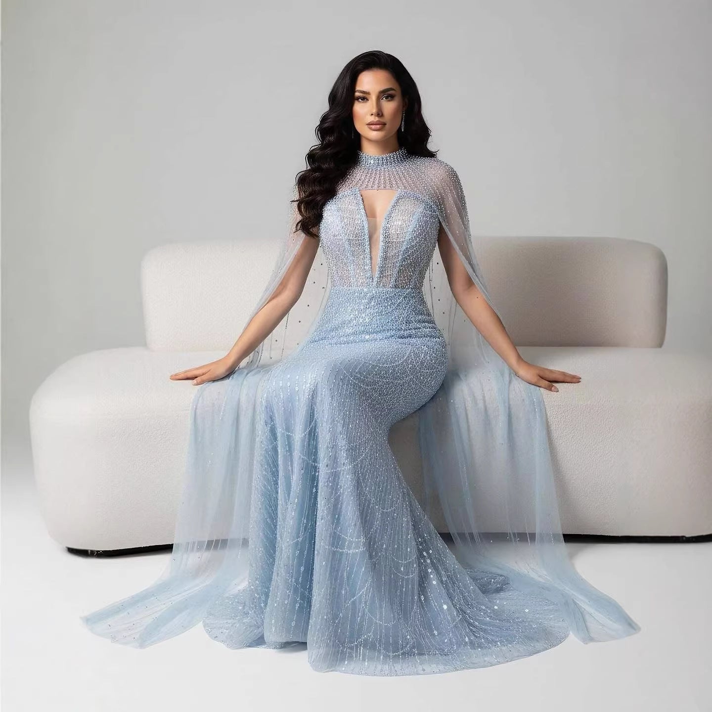 Luxury Evening Dress Nude Pearls Beaded Gown With Tulle Train