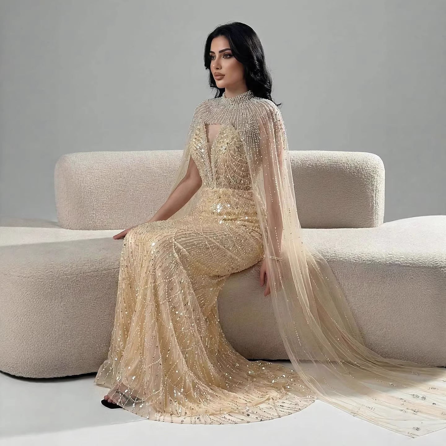 Luxury Evening Dress Nude Pearls Beaded Gown With Tulle Train