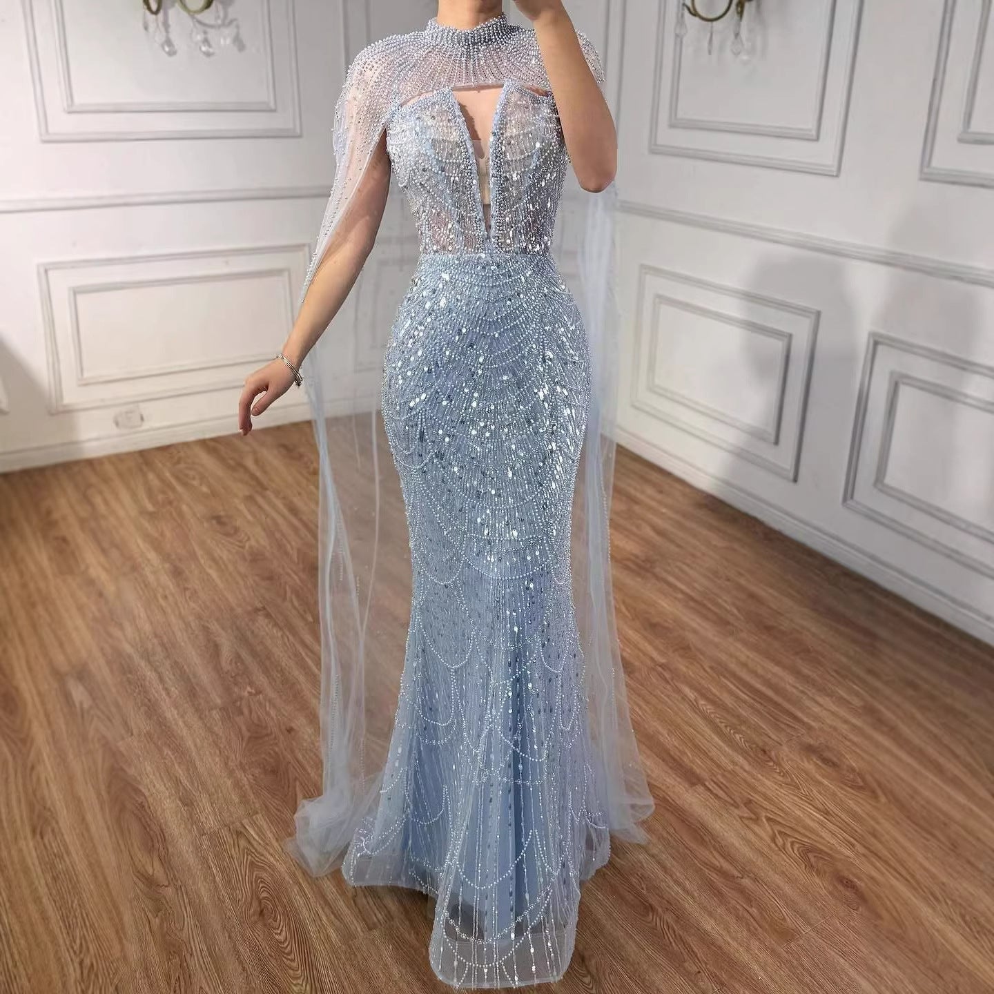 Luxury Evening Dress Nude Pearls Beaded Gown With Tulle Train