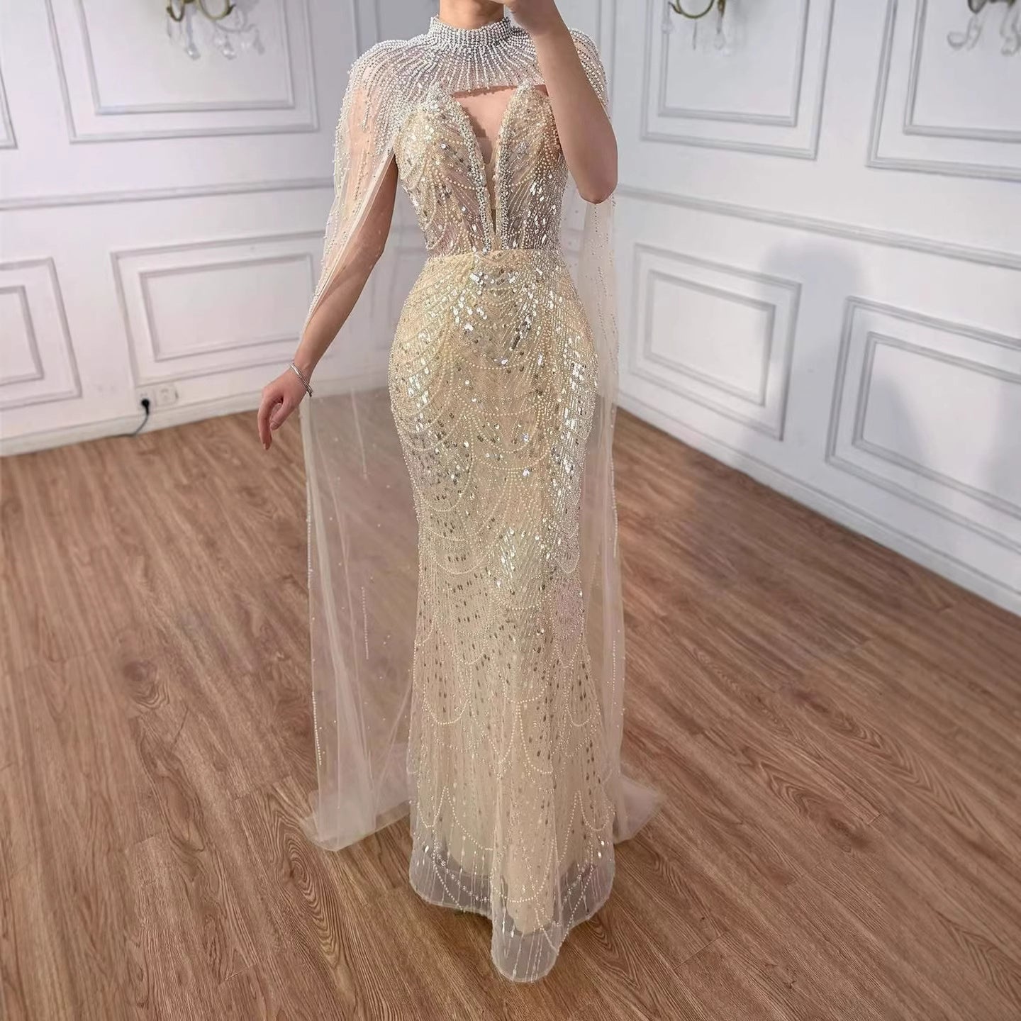 Luxury Evening Dress Nude Pearls Beaded Gown With Tulle Train