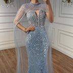 Luxury Evening Dress Nude Pearls Beaded Gown With Tulle Train